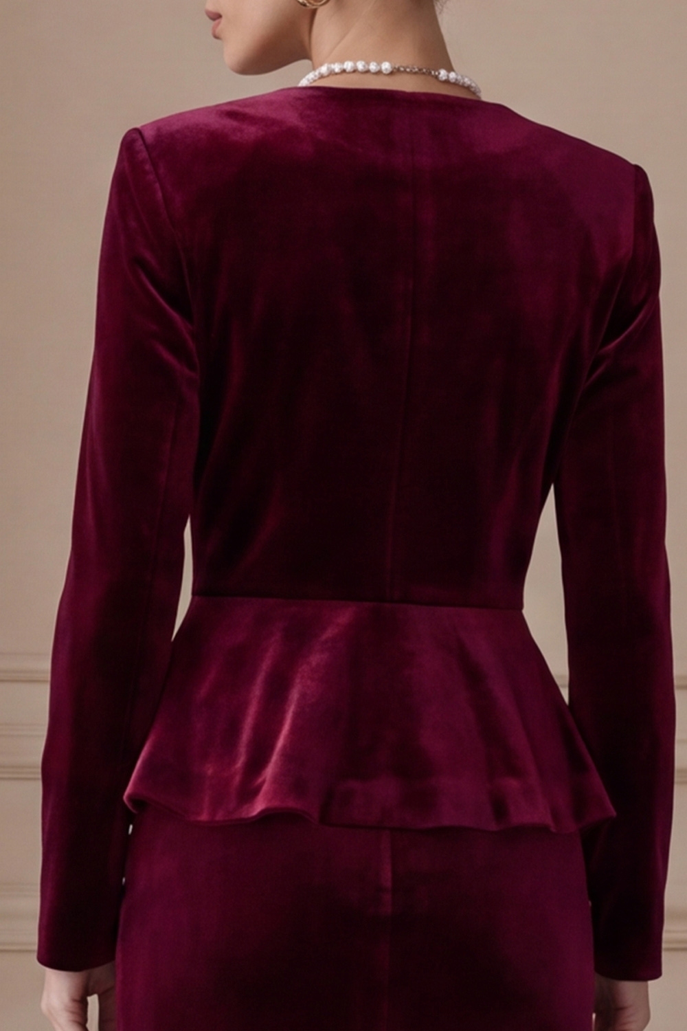 Burgundy Fitted Velvet Square Neck Long Sleeves Business Suits with Covered Button