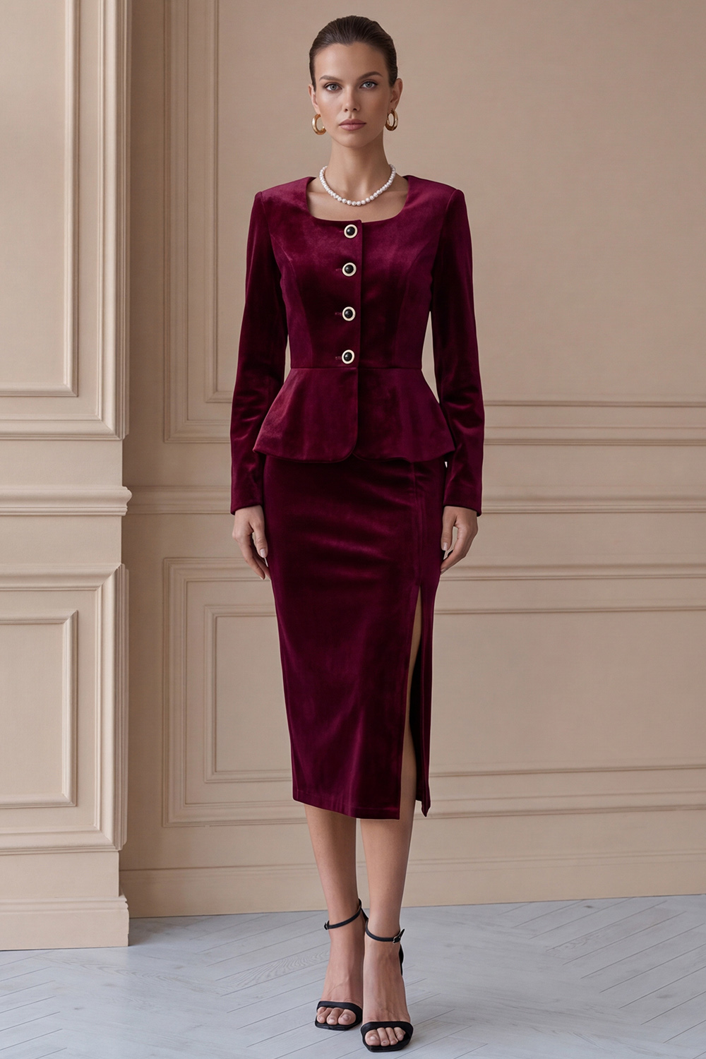 Burgundy Fitted Velvet Square Neck Long Sleeves Business Suits with Covered Button