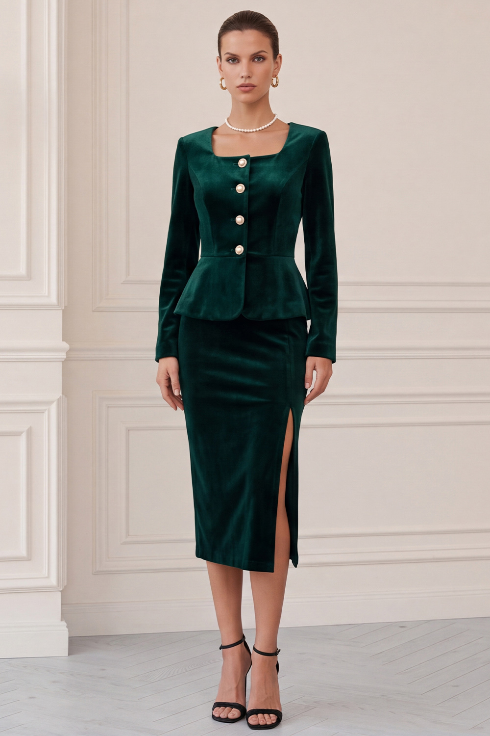 Burgundy Fitted Velvet Square Neck Long Sleeves Business Suits with Covered Button