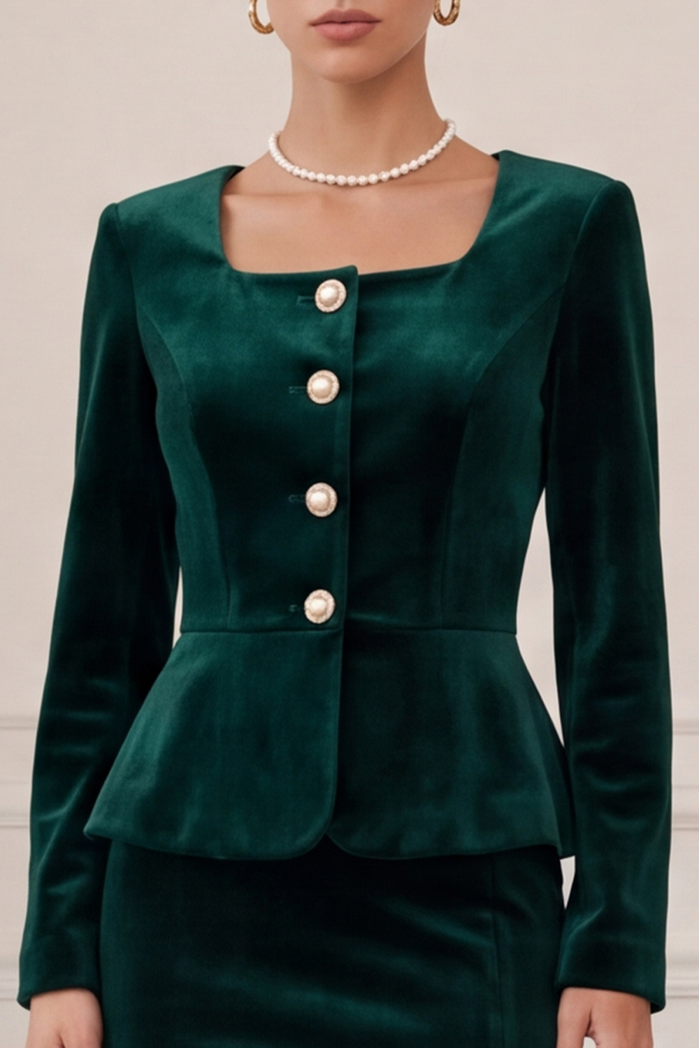 Burgundy Fitted Velvet Square Neck Long Sleeves Business Suits with Covered Button