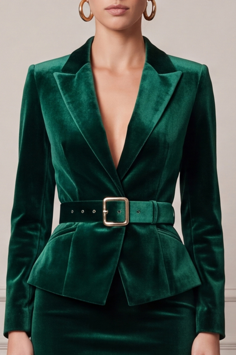 Velvet Dark Green Pencil Peak Lapel Two Piece Midi Business Suits with Belt
