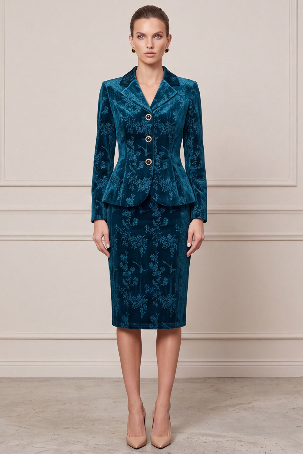 Floral Peacock Blue Pencil Velvet Notched Lapel Single Breasted Two Piece Midi Business Suits