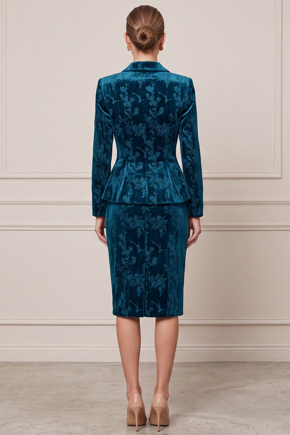Floral Peacock Blue Pencil Velvet Notched Lapel Single Breasted Two Piece Midi Business Suits