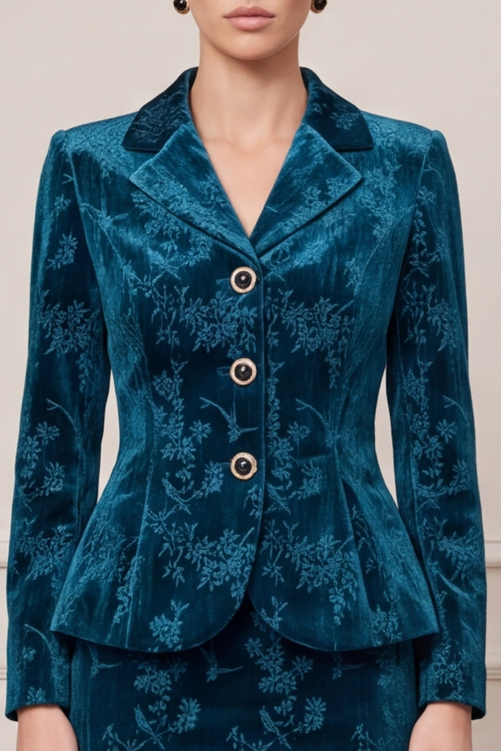 Floral Peacock Blue Pencil Velvet Notched Lapel Single Breasted Two Piece Midi Business Suits