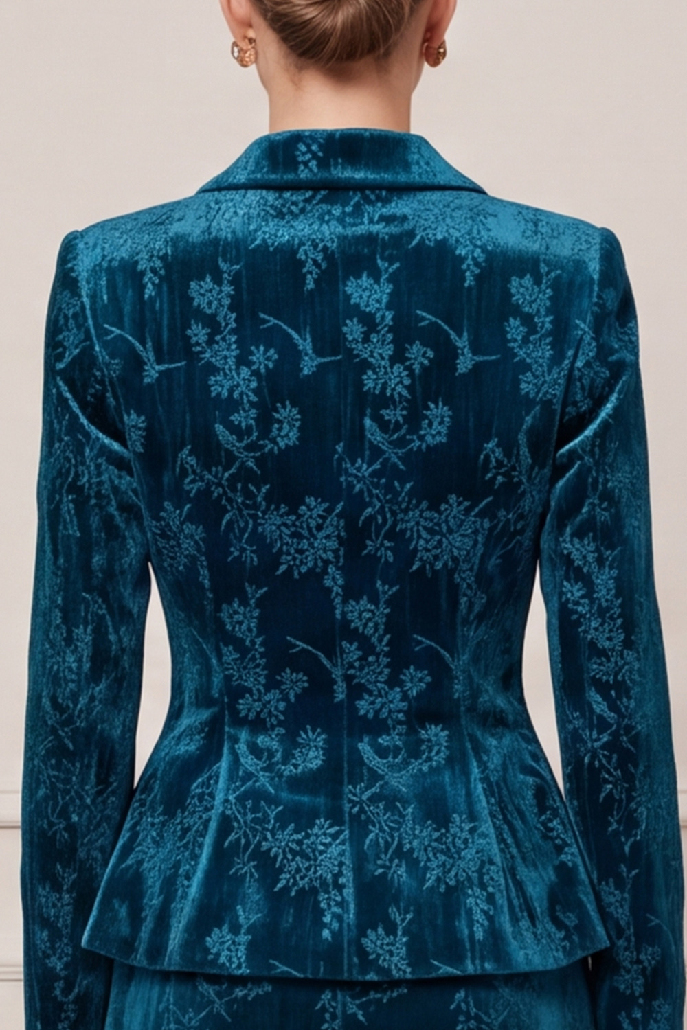 Floral Peacock Blue Pencil Velvet Notched Lapel Single Breasted Two Piece Midi Business Suits