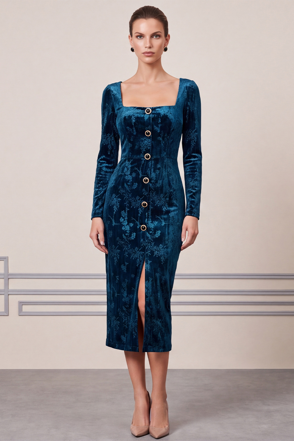  Floral Peacock Blue Velvet tight Square Neck Single Breasted Midi Holiday Party Dress with Slit