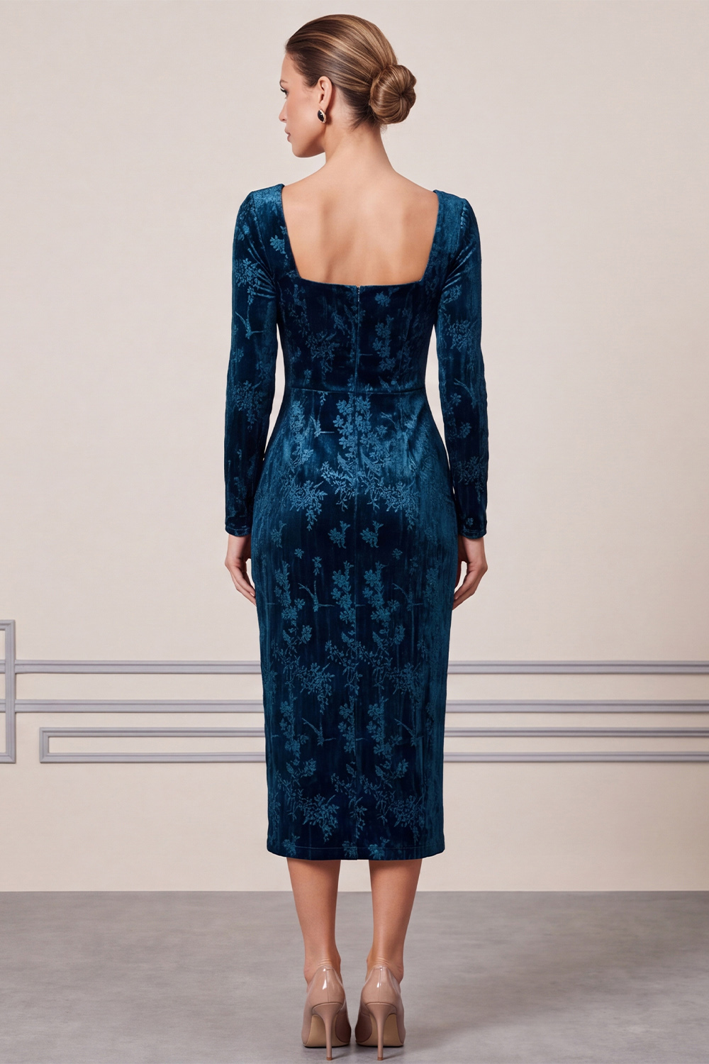  Floral Peacock Blue Velvet tight Square Neck Single Breasted Midi Holiday Party Dress with Slit