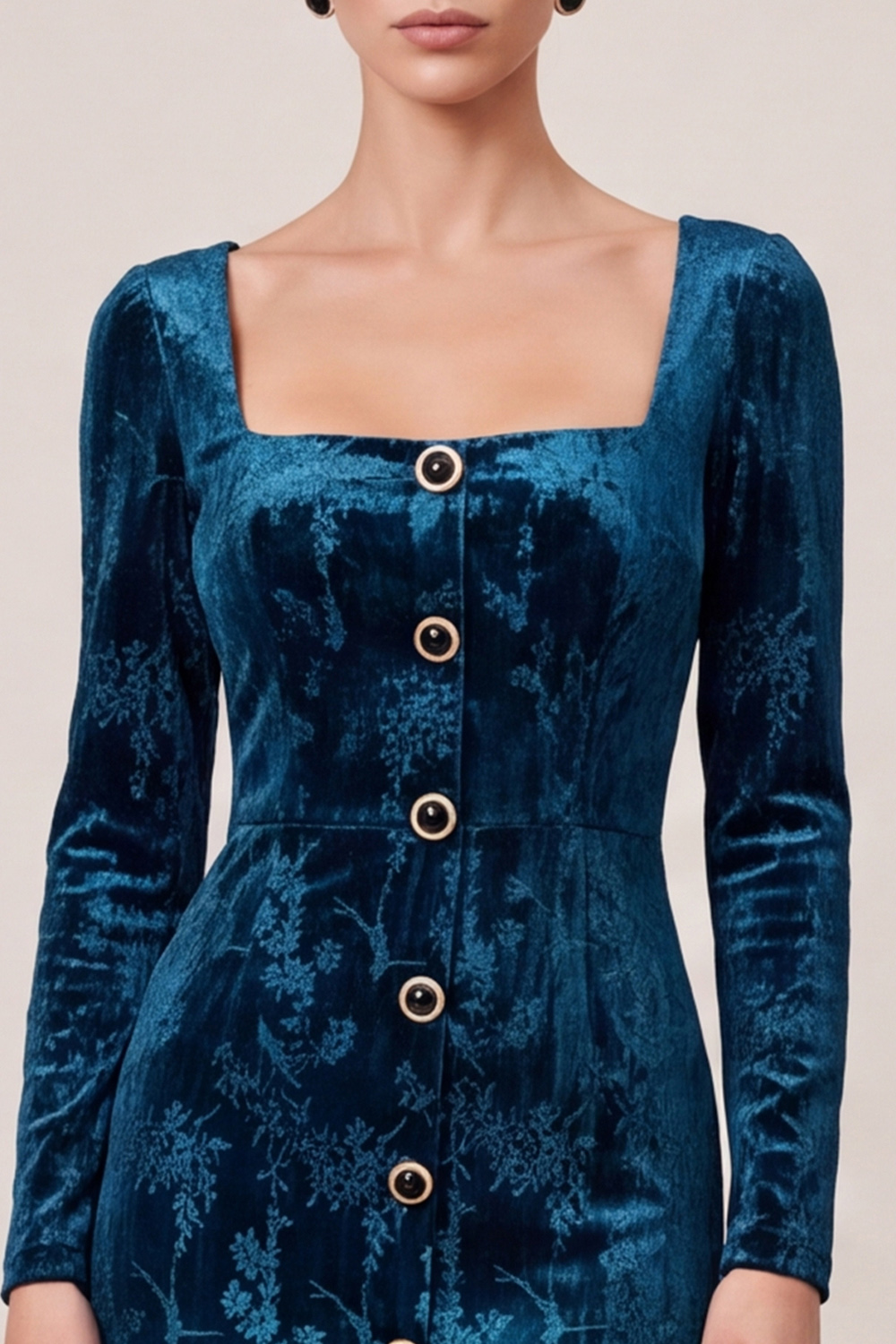  Floral Peacock Blue Velvet tight Square Neck Single Breasted Midi Holiday Party Dress with Slit