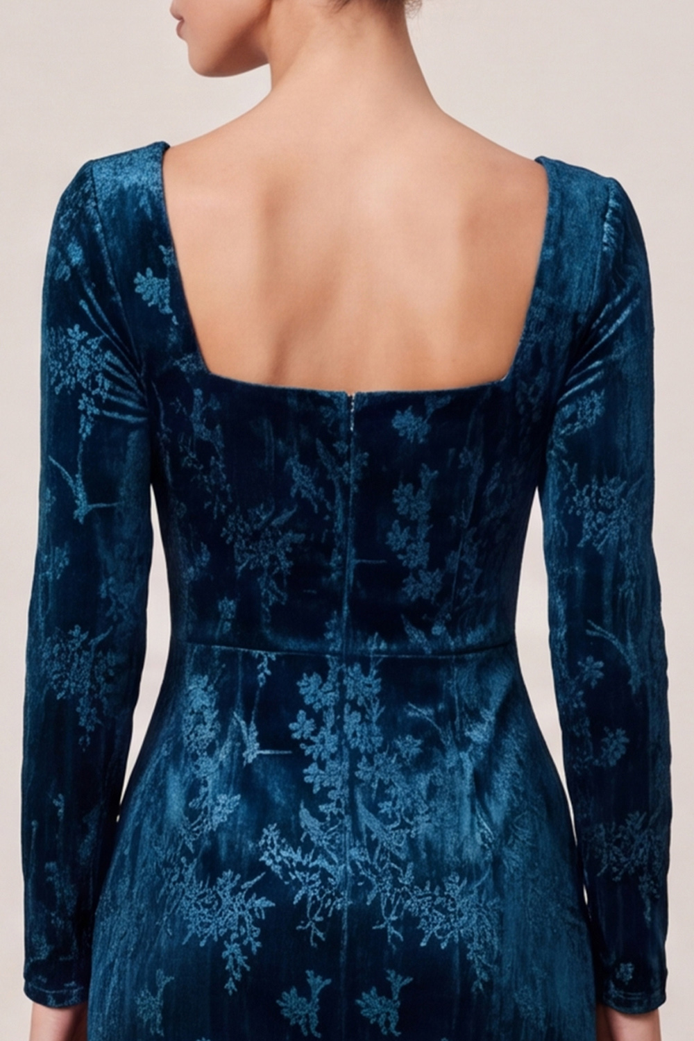  Floral Peacock Blue Velvet tight Square Neck Single Breasted Midi Holiday Party Dress with Slit