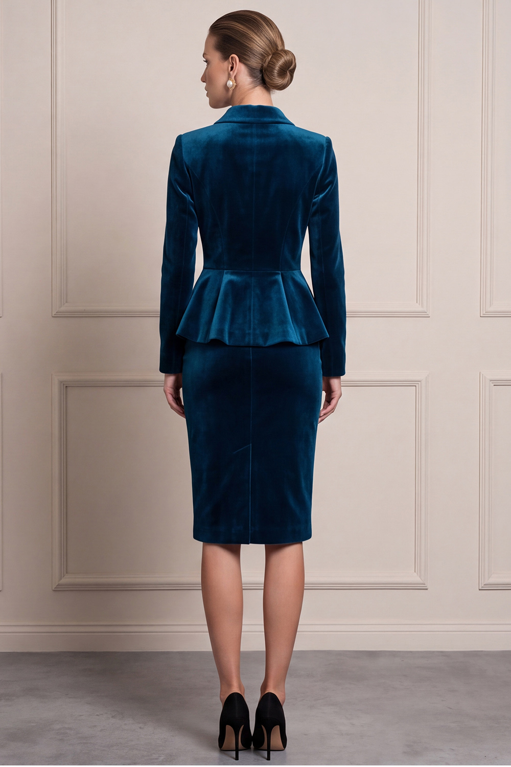 Peacock Blue Pencil Velvet Single Breasted Two Piece Midi Business Suits with Sleeves 