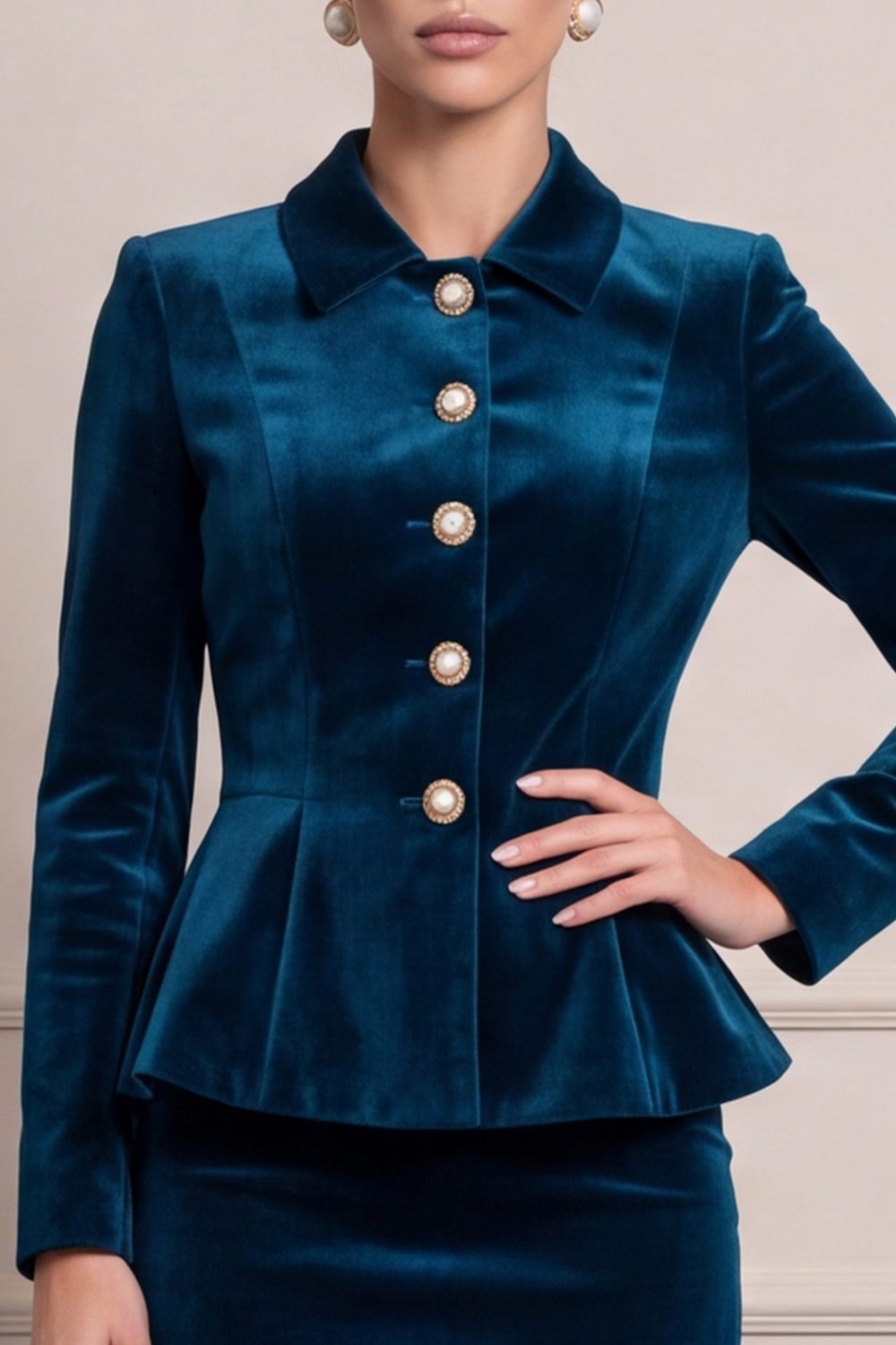 Peacock Blue Pencil Velvet Single Breasted Two Piece Midi Business Suits with Sleeves 