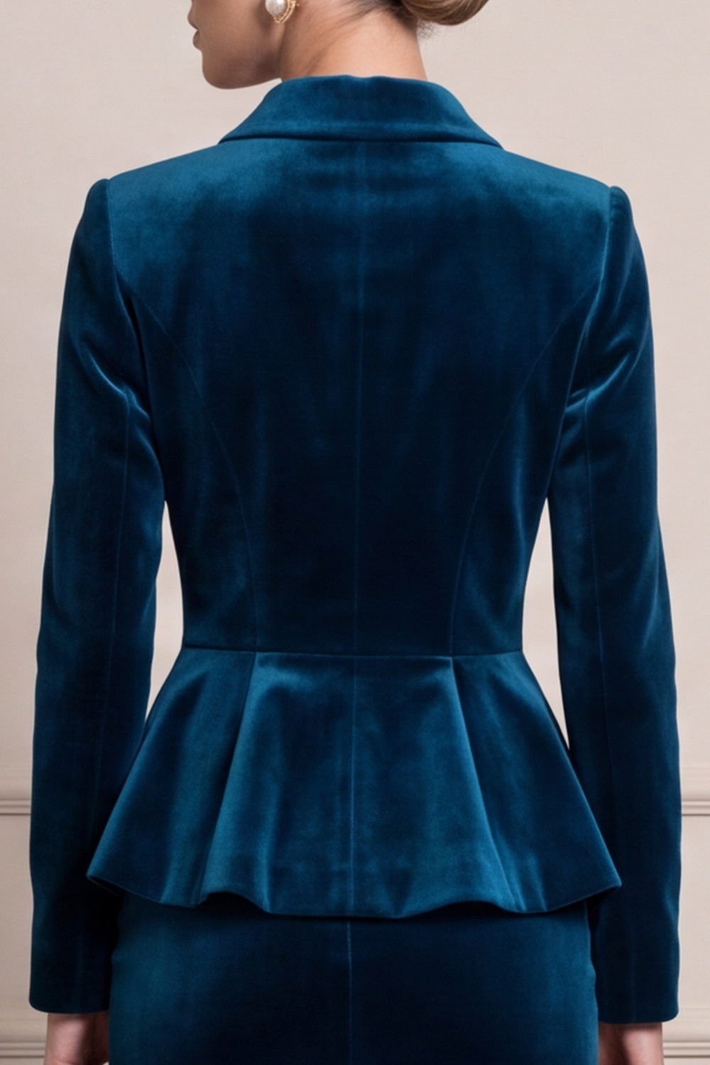 Peacock Blue Pencil Velvet Single Breasted Two Piece Midi Business Suits with Sleeves 