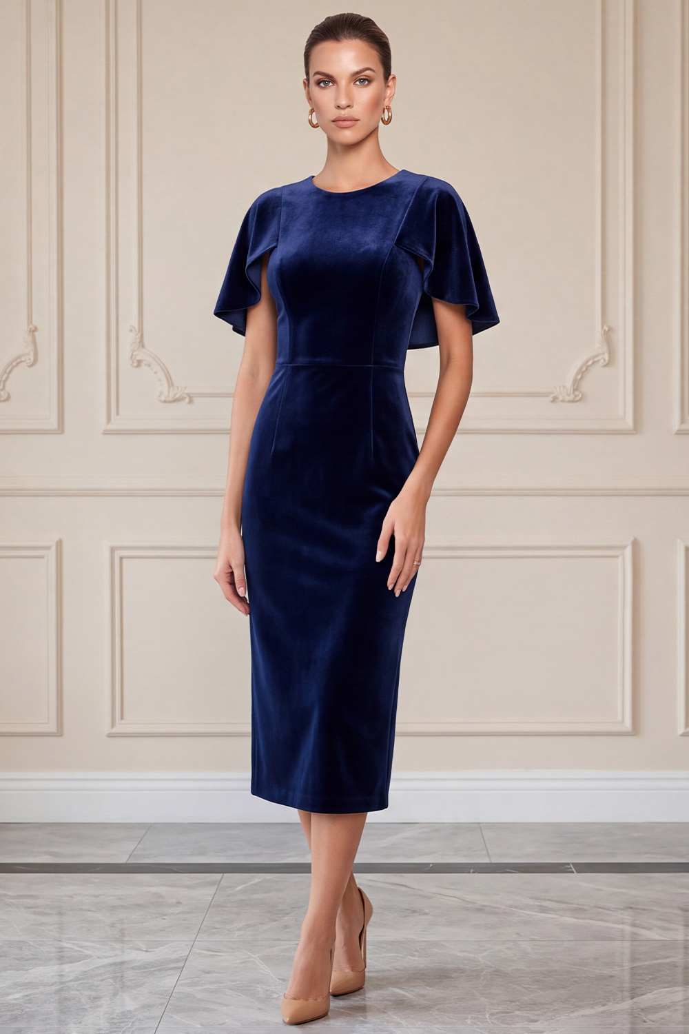 Velvet Navy Tight Round Neck Midi Holiday Party Dress with Cape