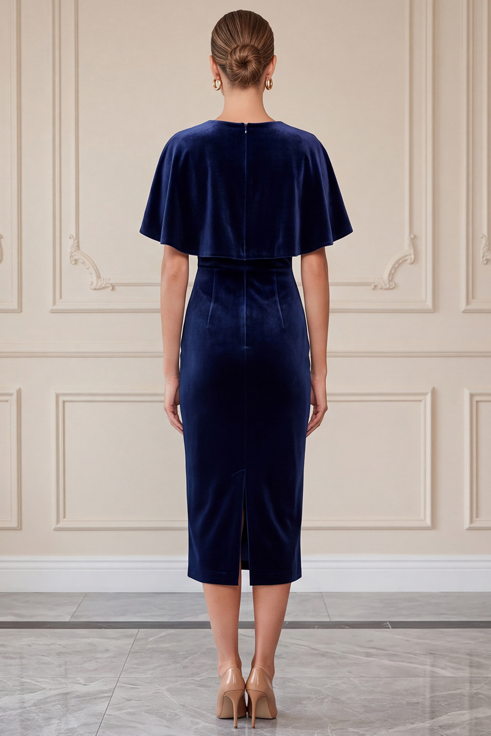 Velvet Navy Tight Round Neck Midi Holiday Party Dress with Cape