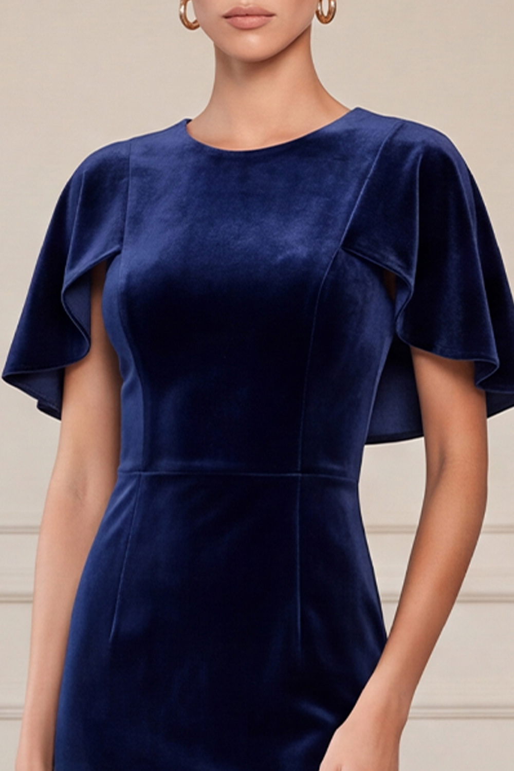 Velvet Navy Tight Round Neck Midi Holiday Party Dress with Cape