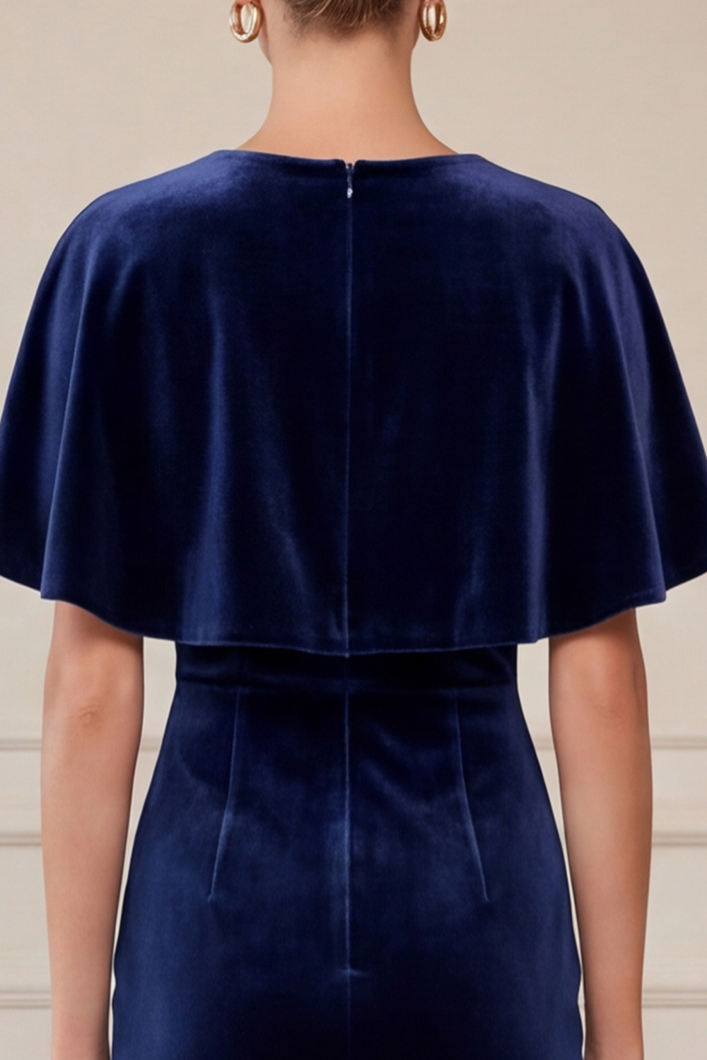 Velvet Navy Tight Round Neck Midi Holiday Party Dress with Cape