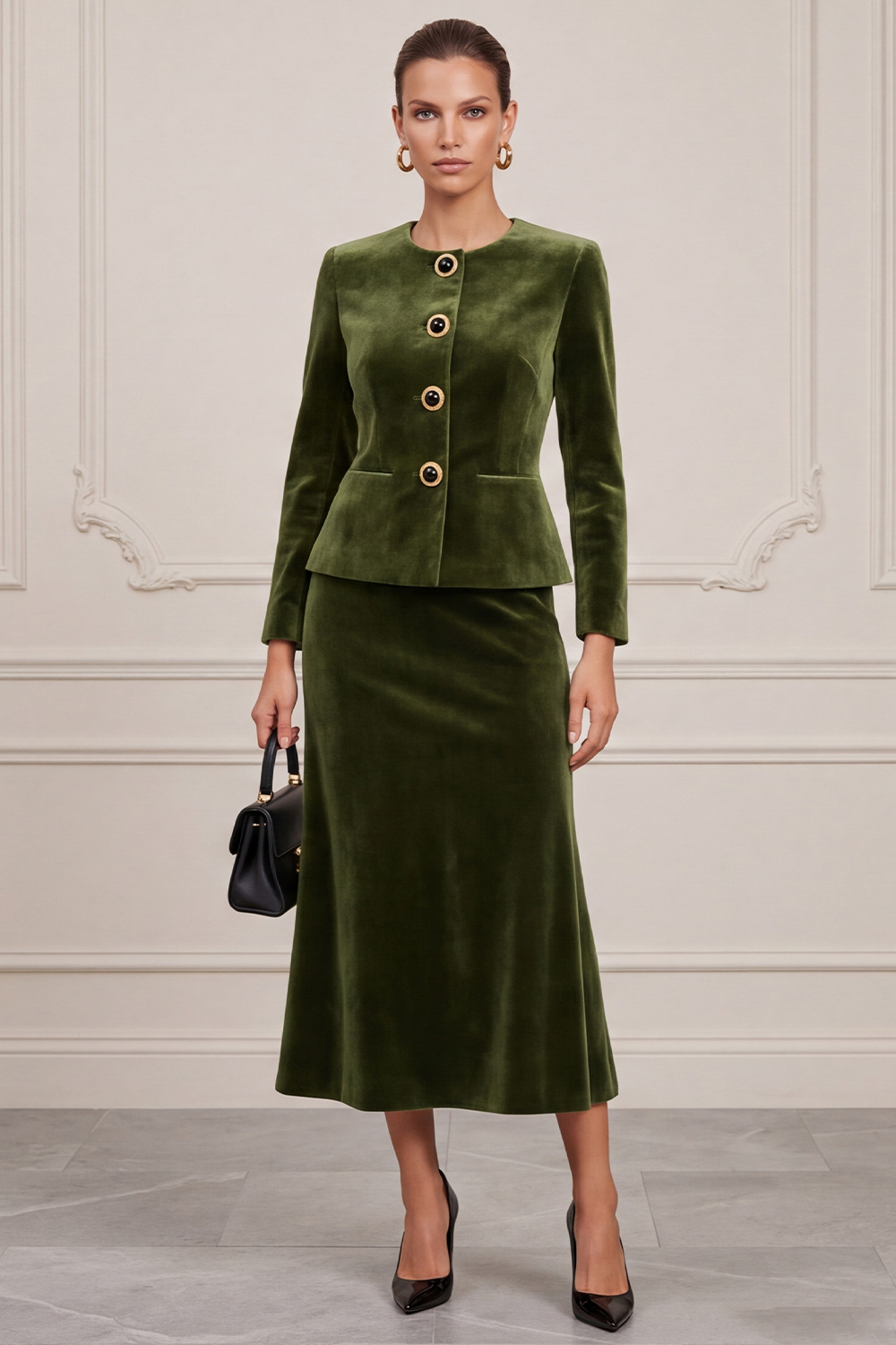 A Line Olive Velvet Two Piece Round Neck Single Breasted Midi Business Suits with Pockets