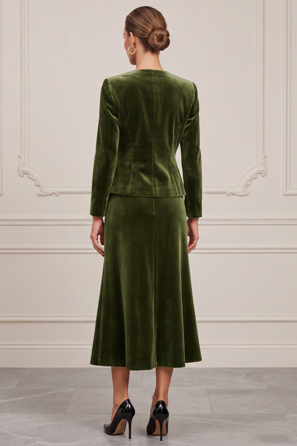 A Line Olive Velvet Two Piece Round Neck Single Breasted Midi Business Suits with Pockets