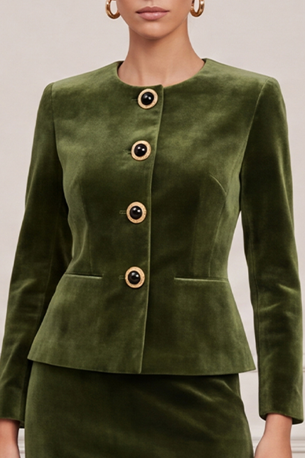 A Line Olive Velvet Two Piece Round Neck Single Breasted Midi Business Suits with Pockets