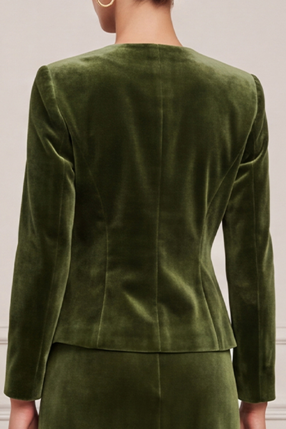 A Line Olive Velvet Two Piece Round Neck Single Breasted Midi Business Suits with Pockets