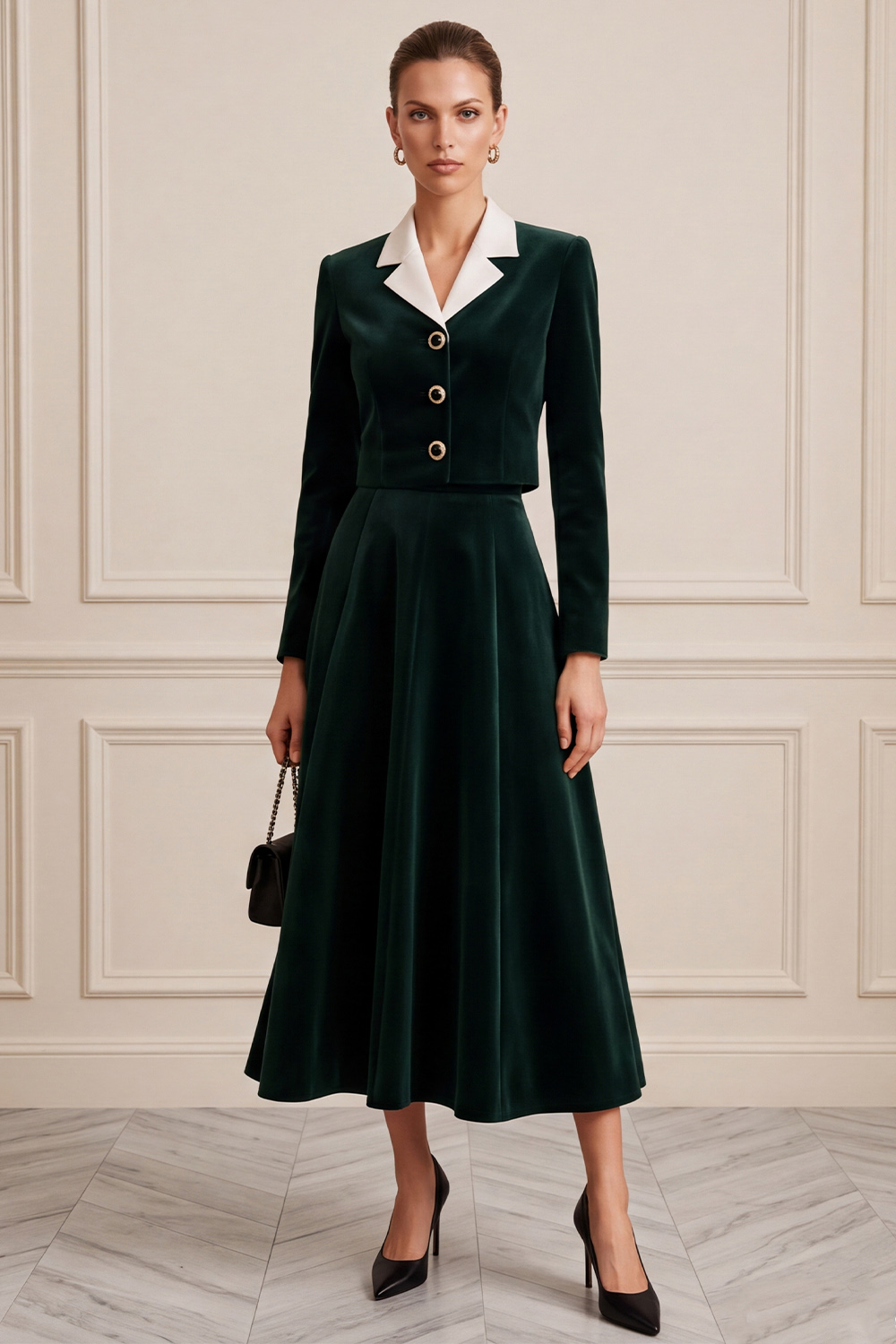 Dark Green A Line Velvet Two Piece Notched Lapel Single Breasted Midi Business Suits 