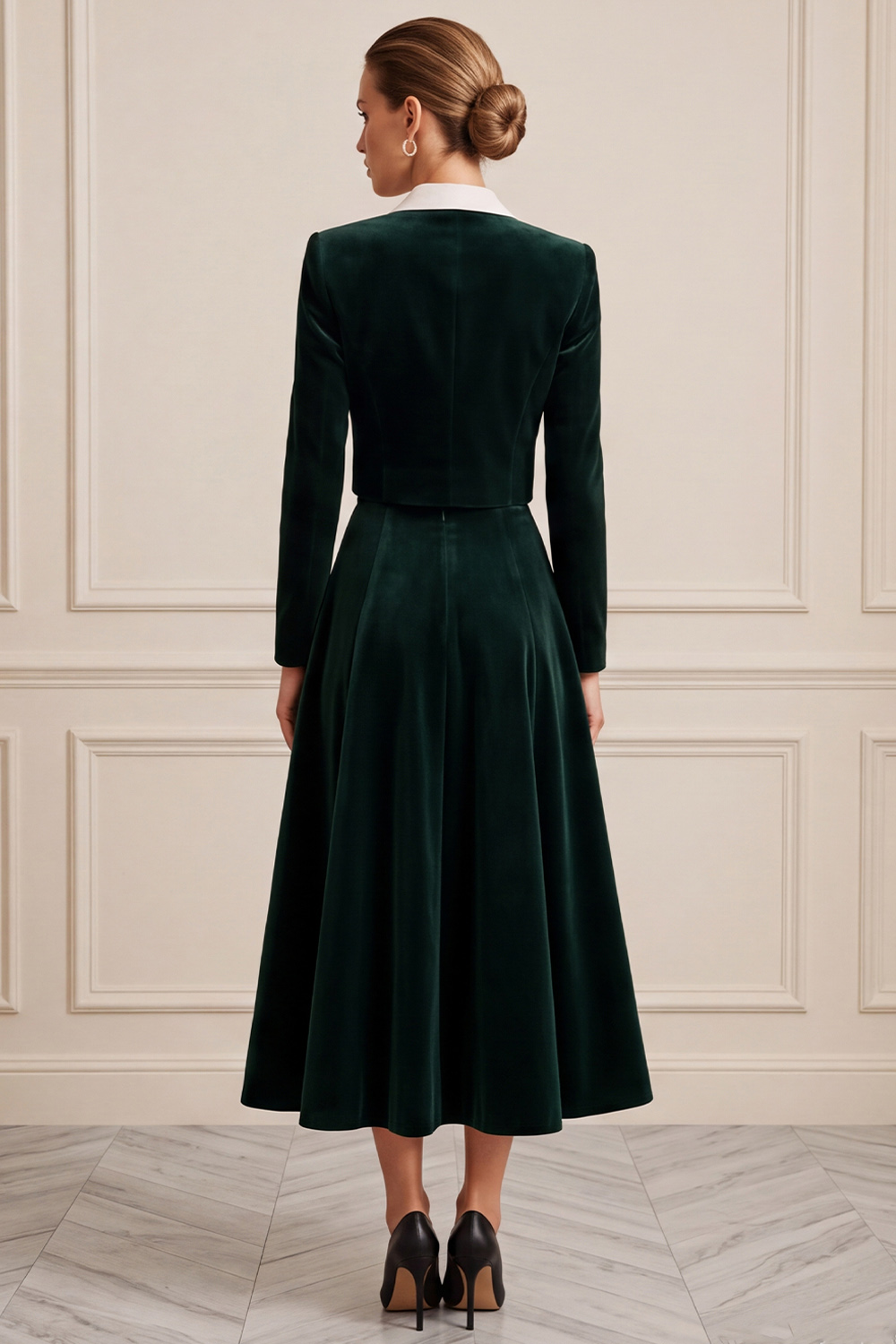 Dark Green A Line Velvet Two Piece Notched Lapel Single Breasted Midi Business Suits 