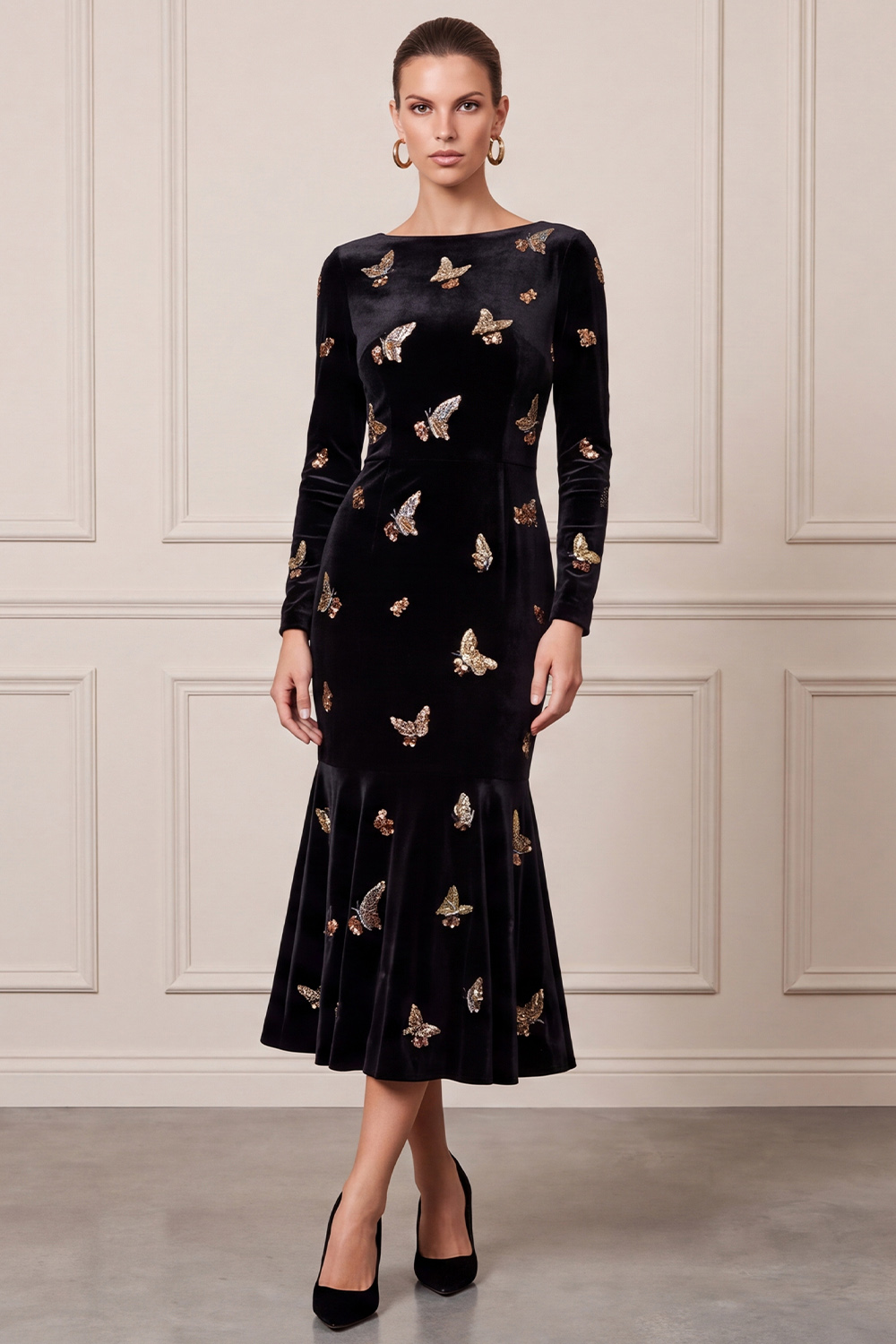 Black Mermaid Velvet Sparkly Sequin Boat Neck Midi Holiday Party Dress with Butterfly