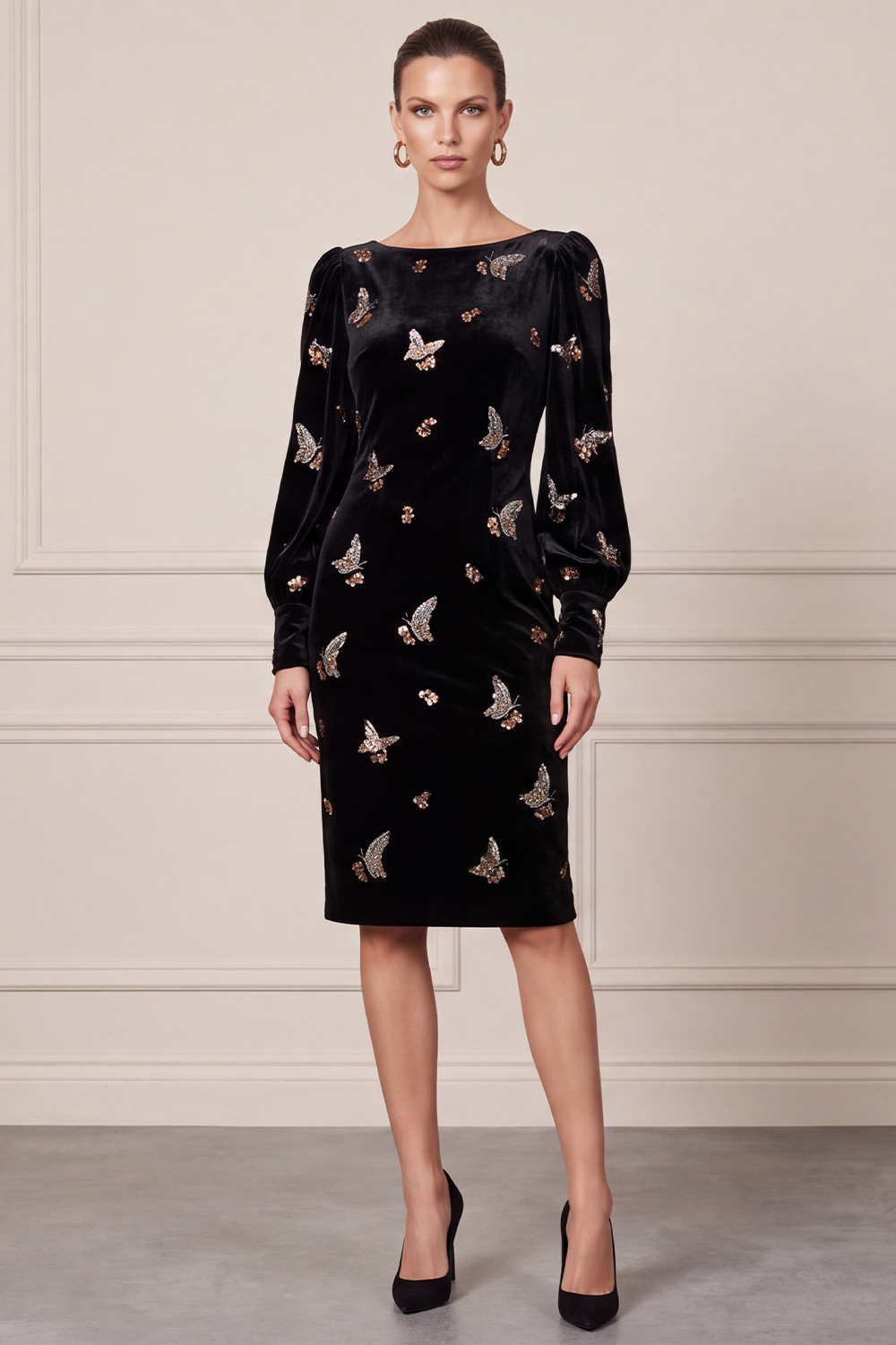 Sparkly Black Velvet Sequin Bodycon Boat Neck Midi Holiday Party Dress with Butterfly