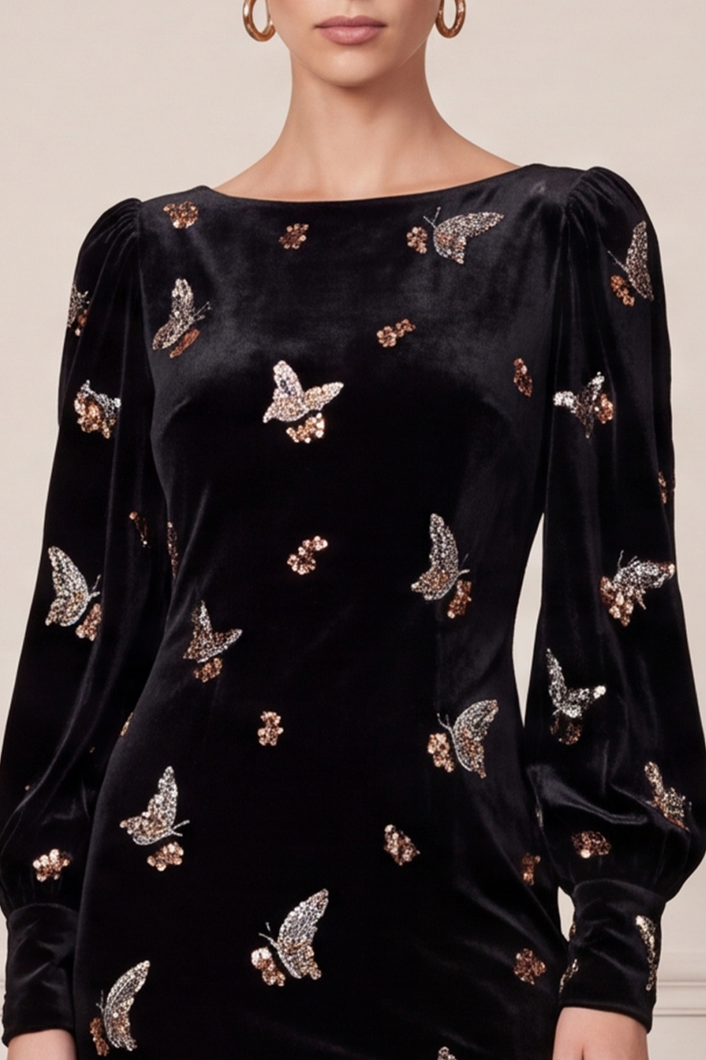 Sparkly Black Velvet Sequin Bodycon Boat Neck Midi Holiday Party Dress with Butterfly