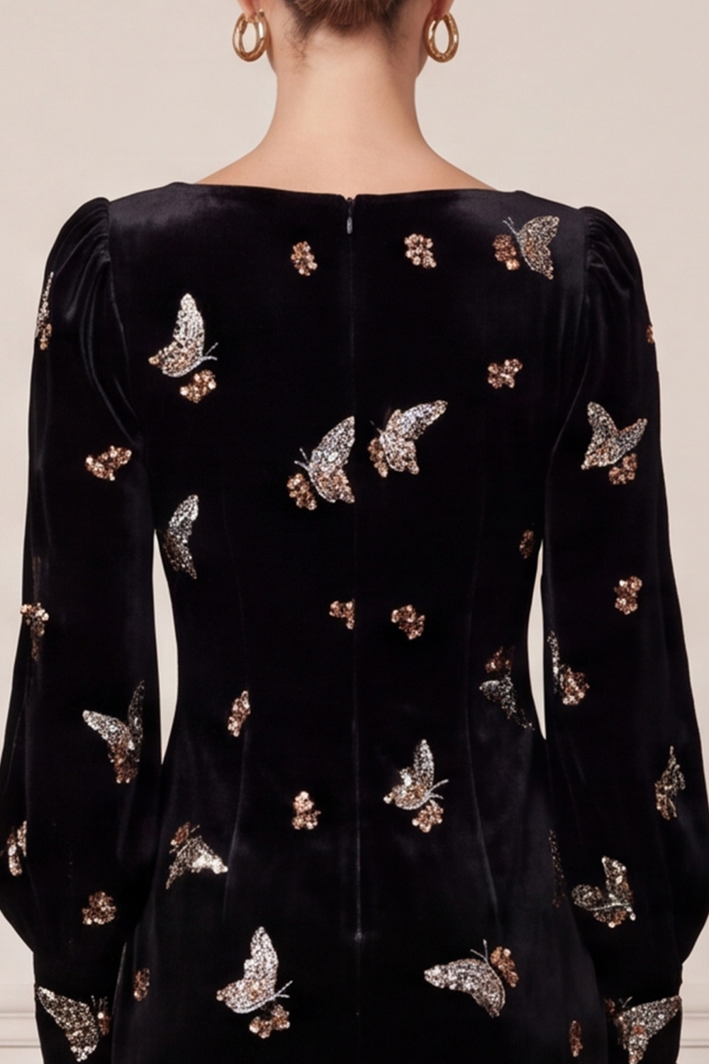 Sparkly Black Velvet Sequin Bodycon Boat Neck Midi Holiday Party Dress with Butterfly