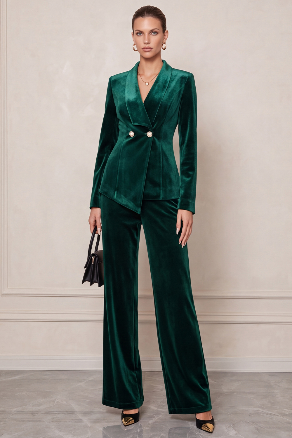 Dark Green Velvet Two Piece Shawl Lapel Double Breasted Business Suits 