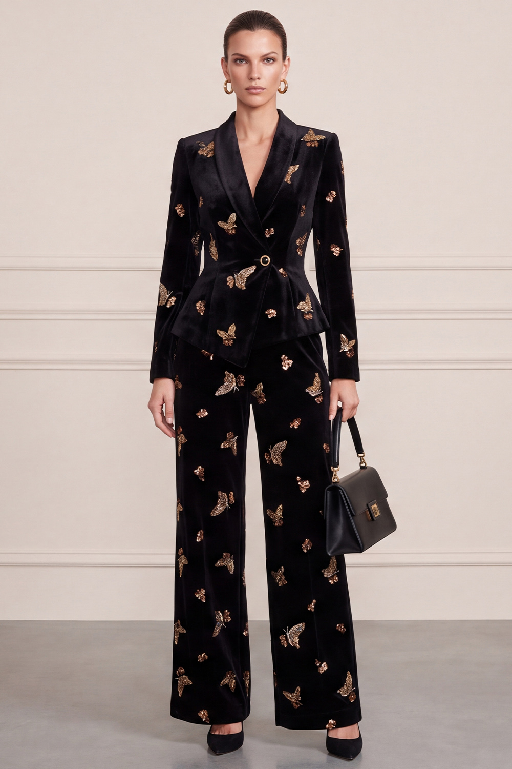 Black Velvet Printed Shawl Lapel Two Piece Single Breasted Business Suits