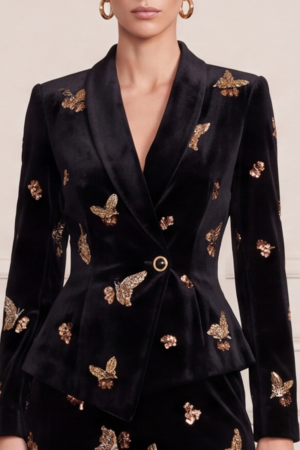 Black Velvet Printed Shawl Lapel Two Piece Single Breasted Business Suits