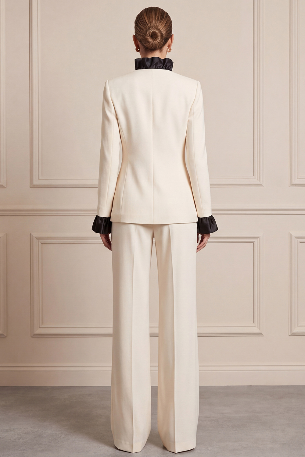 Ivory Ruffled Single Breasted Two Piece V-Neck Business Suits