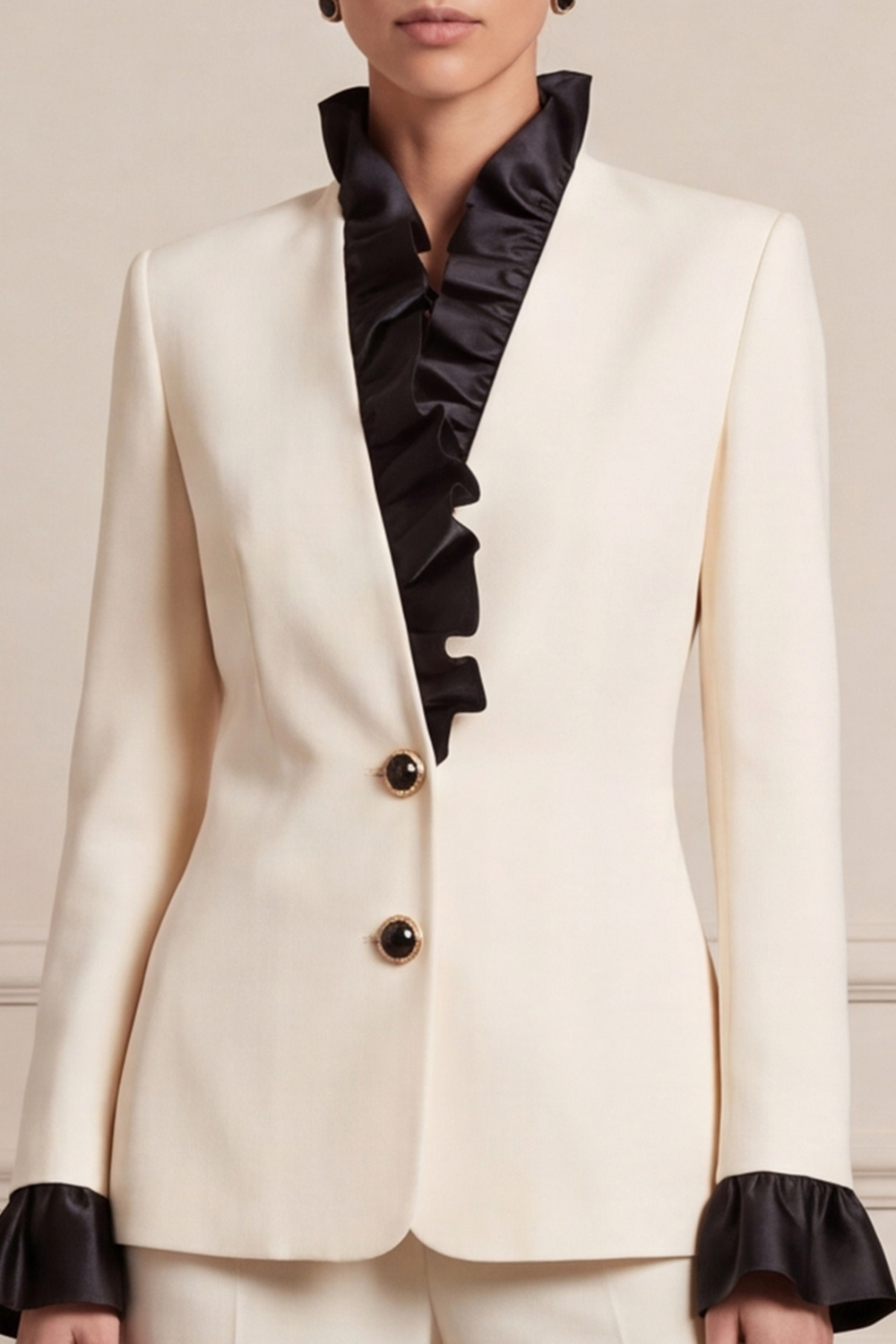 Ivory Ruffled Single Breasted Two Piece V-Neck Business Suits