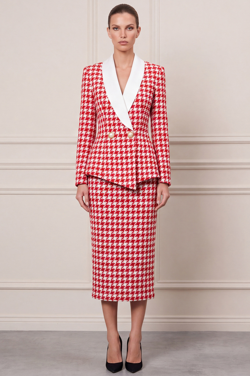 Red Shawl Lapel Double Breasted Two Piece Midi Business Suits with Slit 
