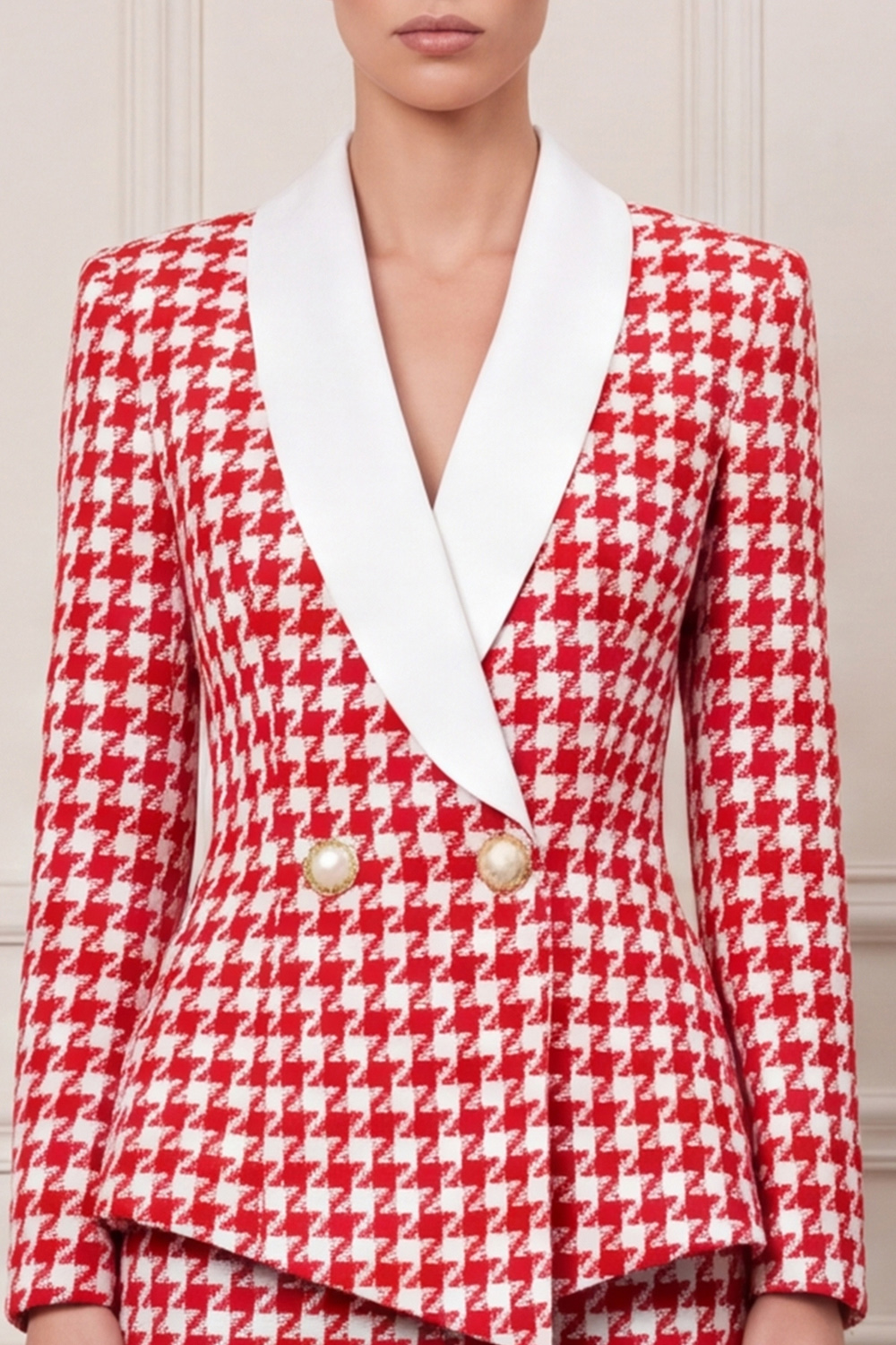 Red Shawl Lapel Double Breasted Two Piece Midi Business Suits with Slit 