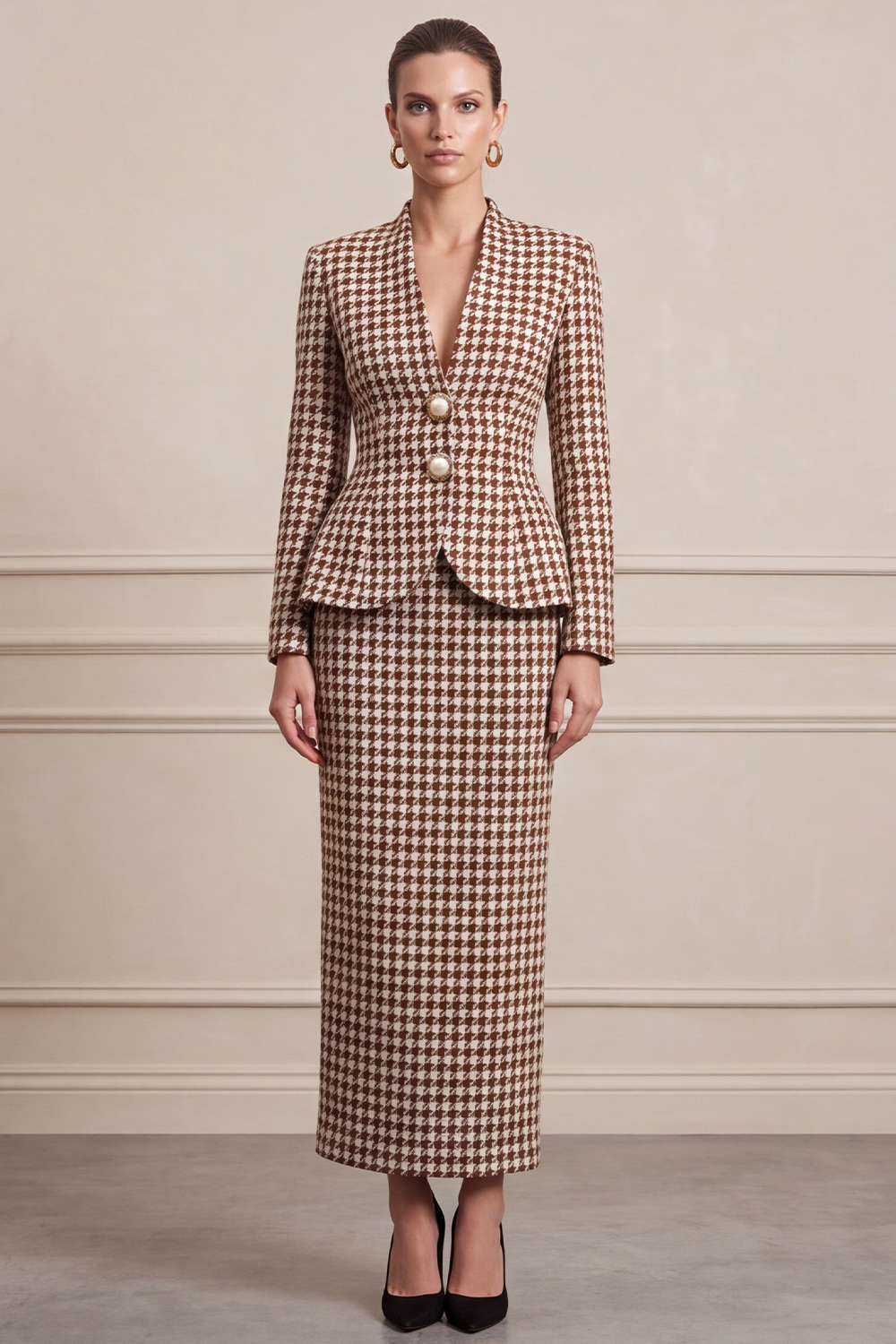 Brown Two Piece V-Neck Single Breasted Long Sleeves Business Suits with Slit