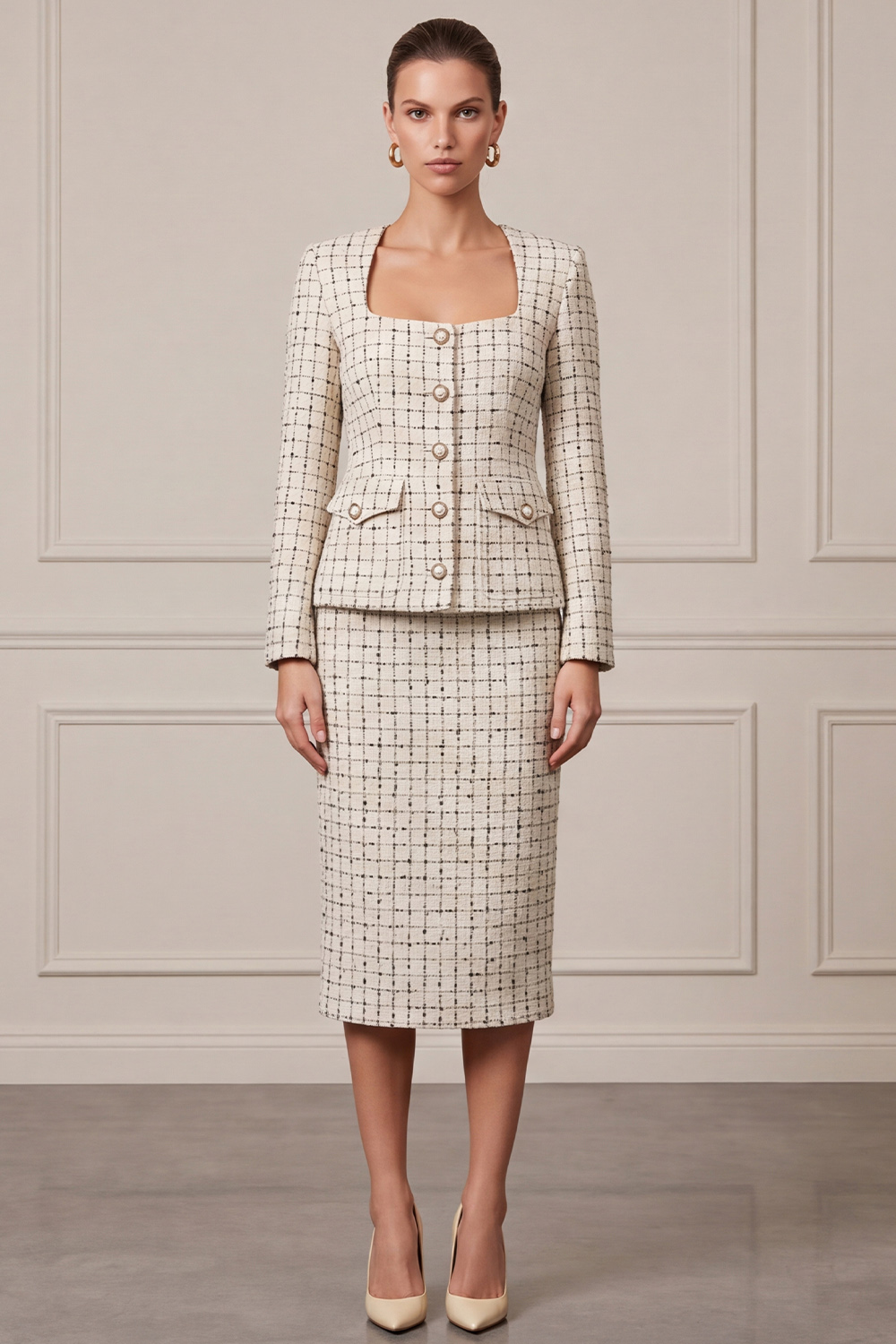 Ivory Two Piece Square Neck Single Breasted Midi Business Suits with Slit