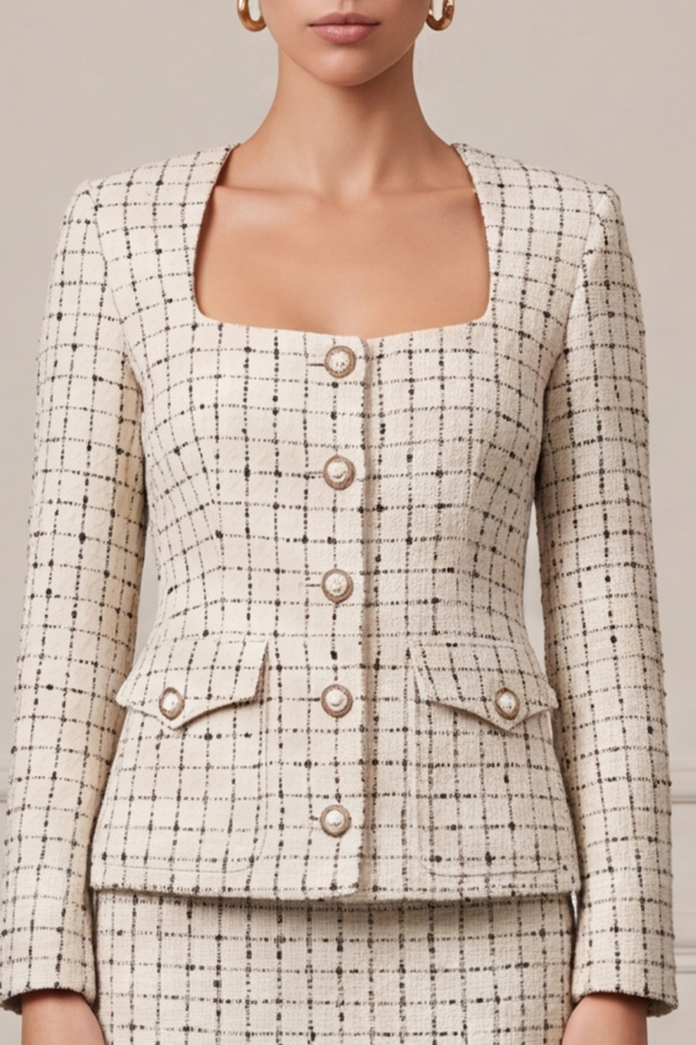 Ivory Two Piece Square Neck Single Breasted Midi Business Suits with Slit