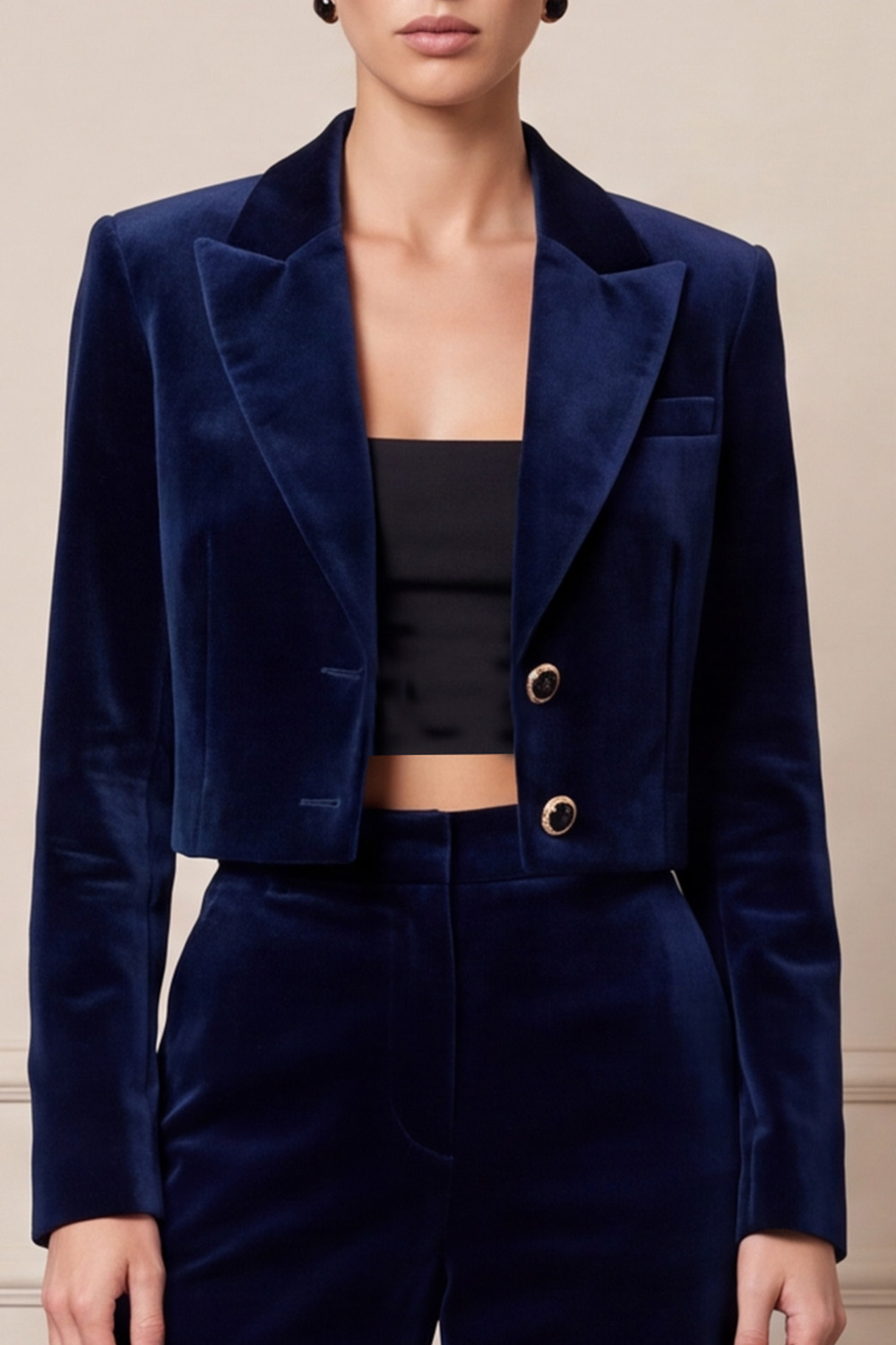 Navy Velvet Two Piece Single Breasted Peak Lapel Business Suits