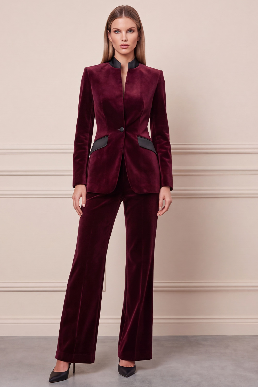 Velvet Dark Green Two Piece Single Breasted High Neck Business Suits