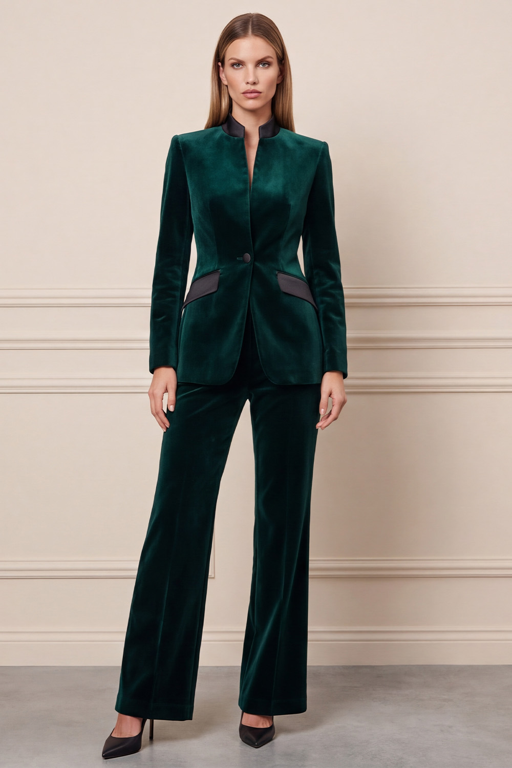 Velvet Dark Green Two Piece Single Breasted High Neck Business Suits