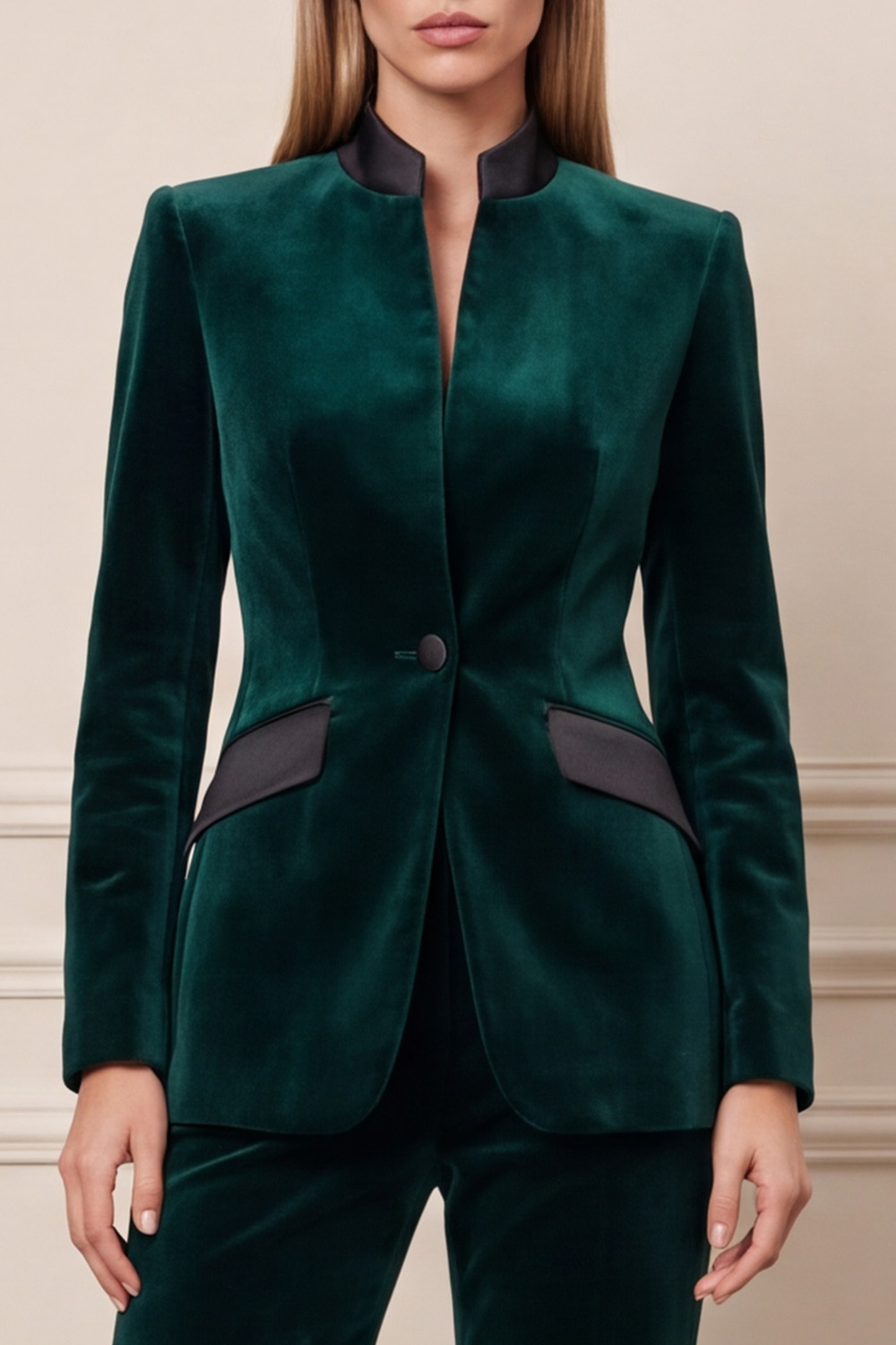 Velvet Dark Green Two Piece Single Breasted High Neck Business Suits