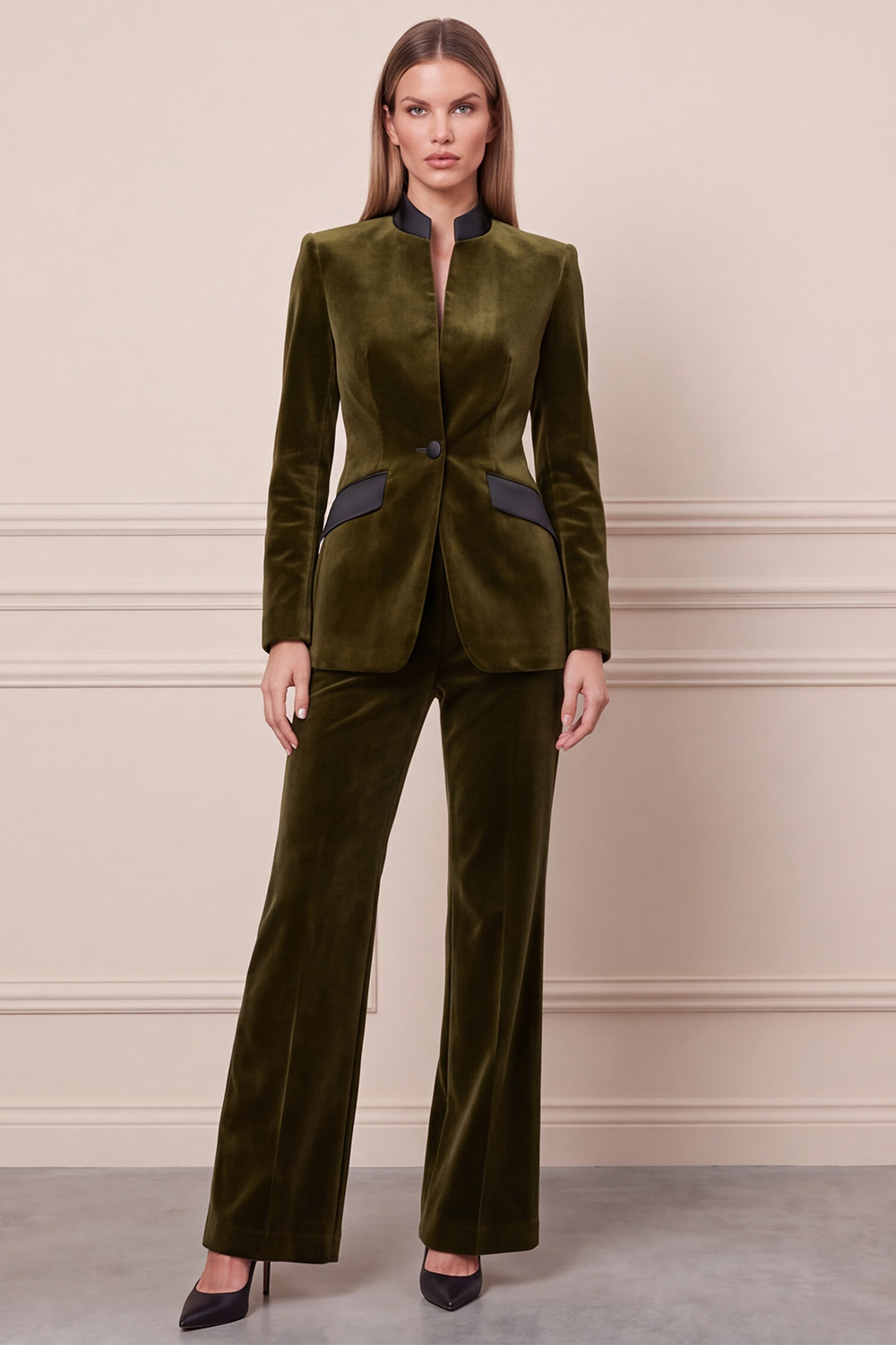 Velvet Dark Green Two Piece Single Breasted High Neck Business Suits