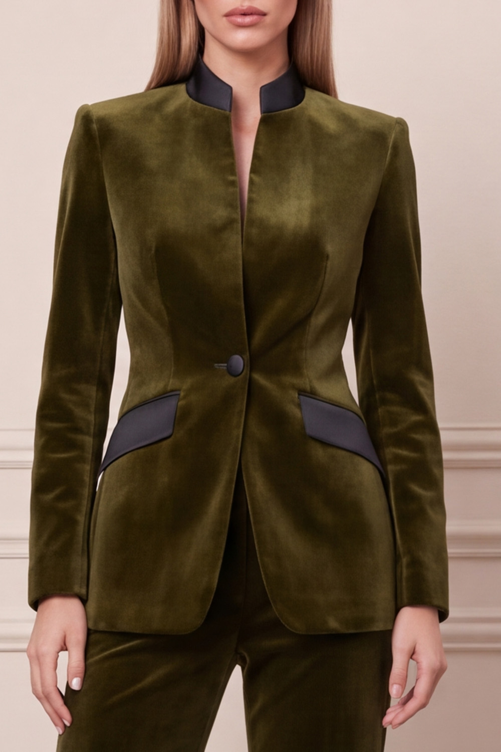 Velvet Dark Green Two Piece Single Breasted High Neck Business Suits