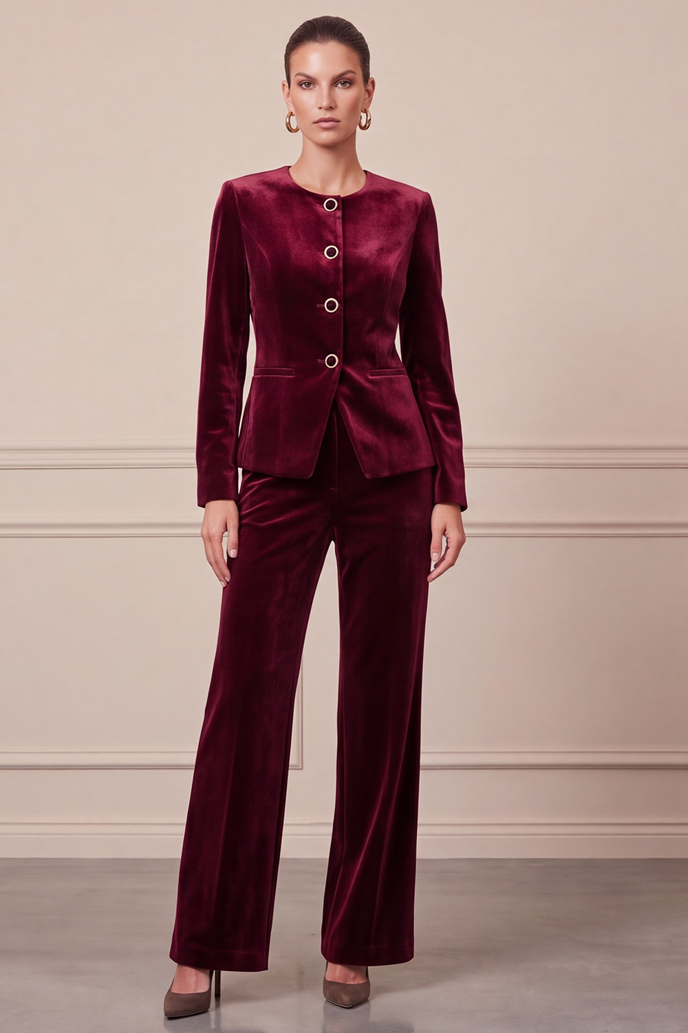 Dark Green Velvet Two Piece Single Breasted Round Neck Business Suits