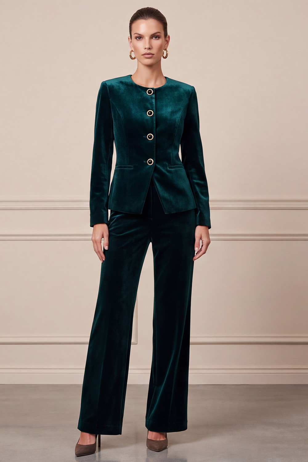 Dark Green Velvet Two Piece Single Breasted Round Neck Business Suits