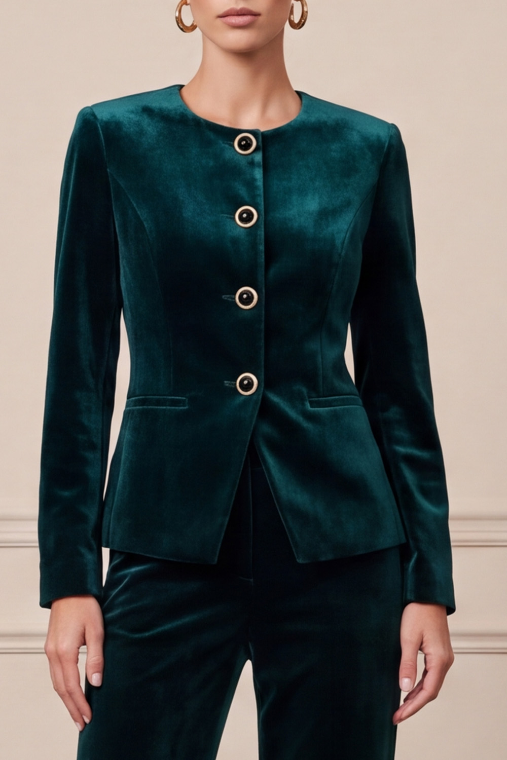 Dark Green Velvet Two Piece Single Breasted Round Neck Business Suits