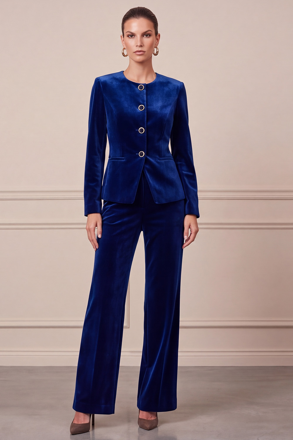Dark Green Velvet Two Piece Single Breasted Round Neck Business Suits